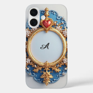 Coque Pour iPhone 16 Cadre Orné de Coeur en Or avec Perle