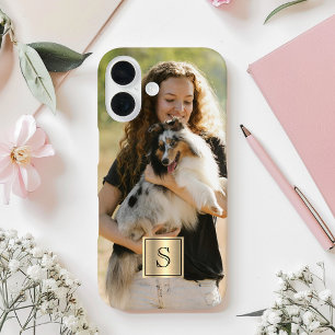 Coque Pour iPhone 16 Cadre photo personnalisé or et monogramme noir
