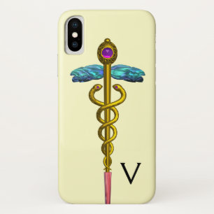 Coque iPhone X CADUCÉE MÉDICAL MONOGRAMME EN OR,Crème