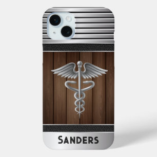 Coque iPhone 15 Mini Caduceus Personnalisé Docteur Metal & Bois