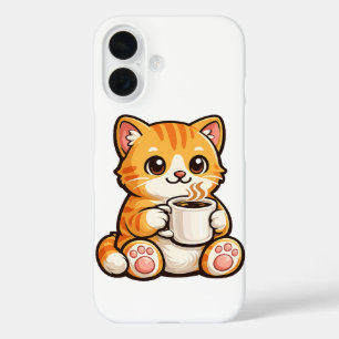 Coque Pour iPhone 16 Café Chat Mignon – Chat Orange Cosy Buvant du Café