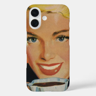 Coques iPhone 16 Café Vintage, Femme Heureuse avec Tasse de Café Ré