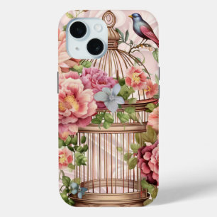 Coque Pour iPhone 15 Cage à oiseaux floral aquarelle vintage romantique