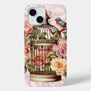 Coque Pour iPhone 15 Cage à oiseaux floral aquarelle vintage romantique