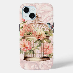 Coque Pour iPhone 15 Cage à oiseaux floral aquarelle vintage romantique