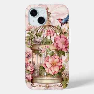 Coque Pour iPhone 15 Cage à oiseaux floral aquarelle vintage romantique