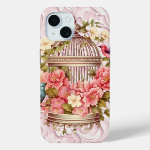 Coque Pour iPhone 15 Cage à oiseaux floral aquarelle vintage romantique