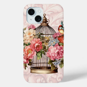 Coque Pour iPhone 15 Cage à oiseaux floral aquarelle vintage romantique
