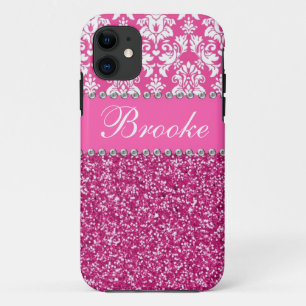 Coques Pour iPhone Caisse rose et blanche de fausse pierre de damass