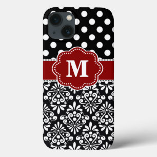 iPhone 13 Coque Caisse rouge noire élégante de monogramme de