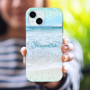 Coque Pour iPhone 15 California Ocean Beach Blue Gold Confetti Custom