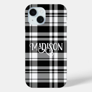 Coque Pour iPhone 15 Calligraphie en tartan noir et blanc