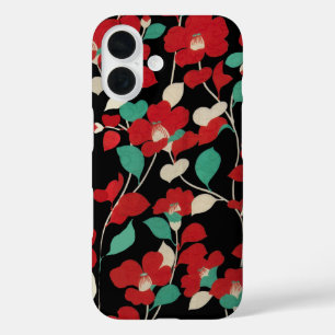 Coque Pour iPhone 16 CAMELLIAS ROUGES, FEUILLES BLANCS VERTS NOIR Flora
