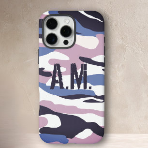 Coques iPhone 16 Pro Max Camouflage armée Monogramme bleu rose