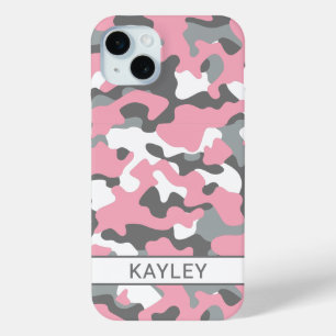 Coque iPhone 15 Mini Camouflage Personnalisé Rose et Gris