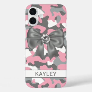 Coques iPhone 16 Plus Camouflage personnalisé rose gris brillant