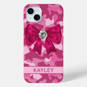 Coque iPhone 15 Mini Camouflage Rose Personnalisé Brillante