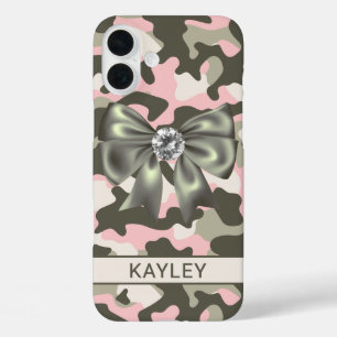 Coques iPhone 16 Plus Camouflage Rose Vert Personnalisé Brillante