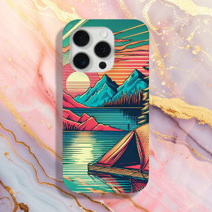 Coque iPhone 15 Pro Camping rose vintage et Turquoise Thème