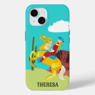 Coque Pour iPhone 15 Campy Western Cowgirl on Horse Personnalisé