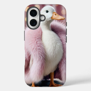 Coque Pour iPhone 16 Canard blanc portant un manteau de fourrure rose