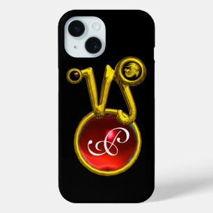 COQUE POUR iPhone 15 CAPRICORN GOLD ZODIAC SIGNE ROUGE RUBY MONOGRAMME