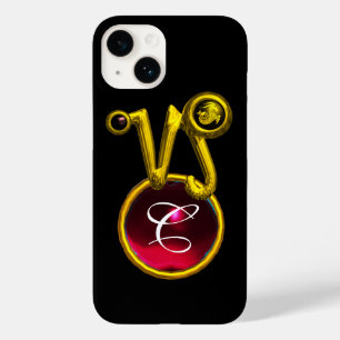 COQUE POUR iPhone 14 CAPRICORN GOLD ZODIAC SIGNE ROUGE RUBY MONOGRAMME
