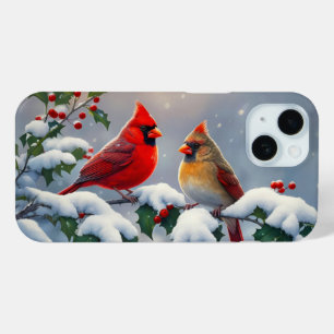 Coque Pour iPhone 15 Cardinaux rouges et houx dans la neige