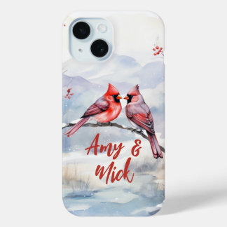 Coque Pour iPhone 15 Cardinaux rouges Oiseaux Noël Saint-Valentin