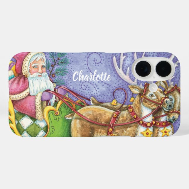 Coques Case-Mate iPhone Caricature de Noël Santa Claus Sleigh Reindeer (Verso (horizontal))