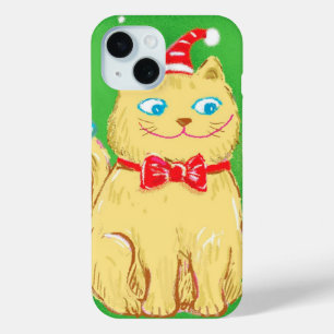 Coque Pour iPhone 15 Caricature mignonne Chat de Noël avec chapeau de S