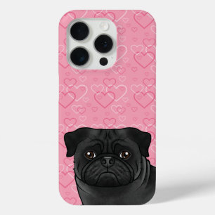 Coque iPhone 15 Pro Carlin Noir Tête De Chien Gros Plan Sur Coeurs D'A