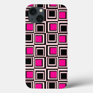 Etui iPhone 13 Carré moderne, rose clair, rose chaud et noir