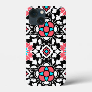 iPhone 13 Mini Coque Carreau marocain floral, noir, blanc et rose corai