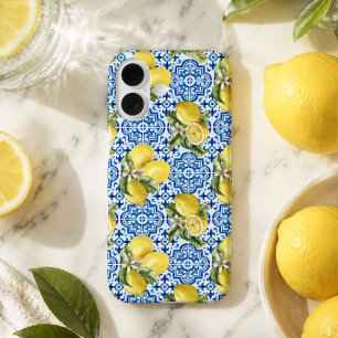 Coque Pour iPhone 16 Carreau méditerranéen à motif citron bleu blanc