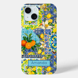Coque Pour iPhone 15 Carreaux fleuris d'agrumes siciliens bleu chic