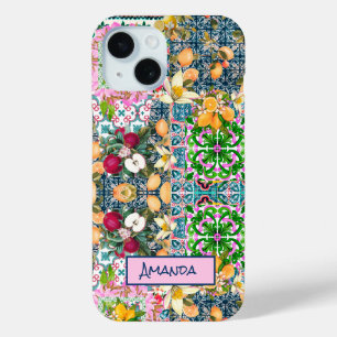 Coque Pour iPhone 15 Carreaux floraux d'agrumes siciliens bleu chic