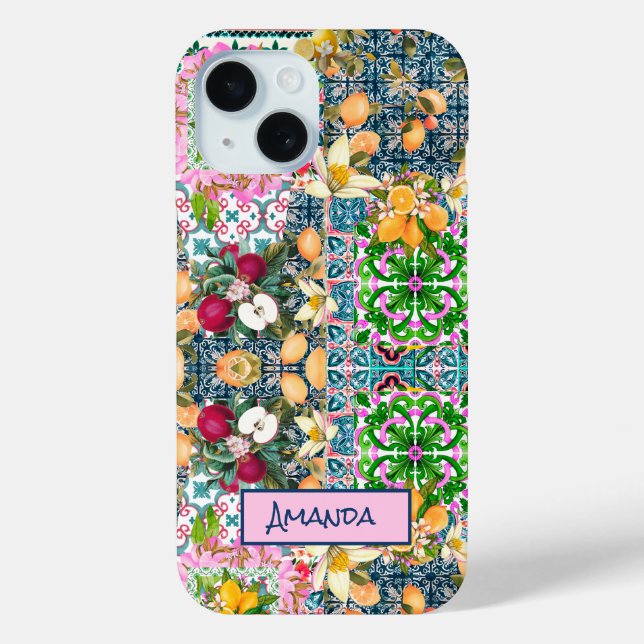 Coques Case-Mate iPhone Carreaux floraux d'agrumes siciliens bleu chic (Verso)