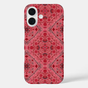 Coque Pour iPhone 16 Carreaux floraux en rouge et rose pastèque