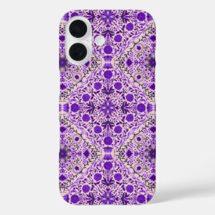 Coque Pour iPhone 16 Carreaux floraux en violet et coton bonbon rose