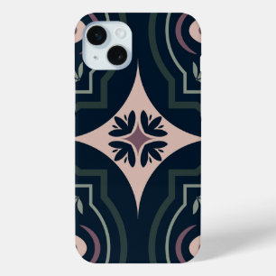 Coque iPhone 15 Mini carreaux géométriques floraux de couleur terreuse