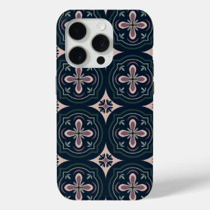 Coque iPhone 15 Pro carreaux géométriques floraux de couleur terreuse