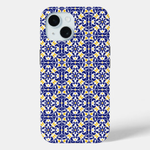 Coque Pour iPhone 15 Carreaux méditerranéens Motif bleu et jaune