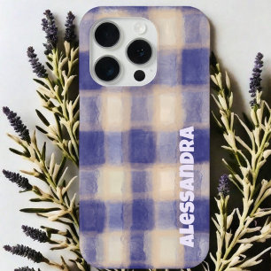 Coque iPhone 15 Pro Carreaux monogrammés gingham bleu marine beige mai