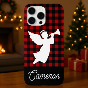 Coques iPhone 16 Pro Max Carreaux Rouges et Noirs avec Ange et Nom Personna