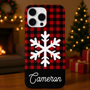 Coques iPhone 16 Pro Max Carreaux Rouges et Noirs avec Flocon de Neige et N