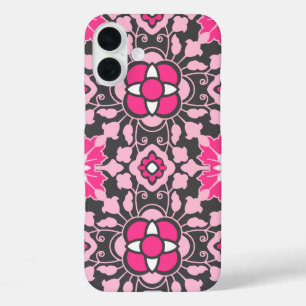 iPhone 16 Plus Case Carrelage Floral marocain, Fuchsia rose & gris / G