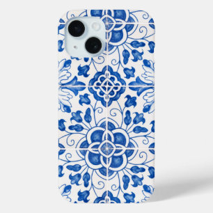 Coque Pour iPhone 15 Carrelage portugais Bleu méditerranéen Floral