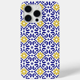 Coque iPhone 15 Pro Max Carrelage portugais Bleu méditerranéen Floral