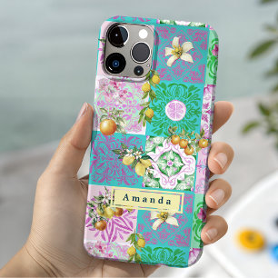 Coque Pour iPhone 15 Carrelages floraux de collage d'agrumes rose chic
